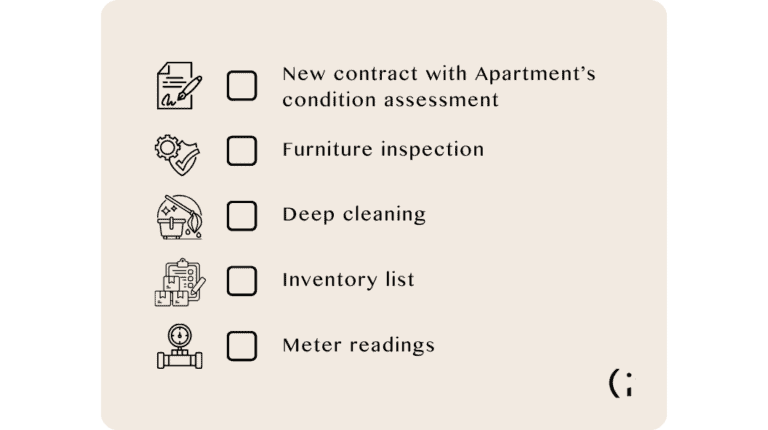 A checklist detailing steps for signing a new contract, furniture inspection, deep cleaning, inventory list, and meter readings.