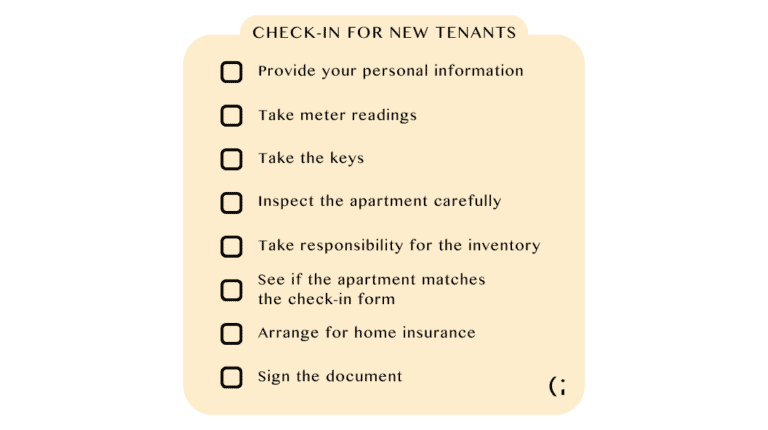 A checklist for new tenants covering personal information, meter readings, key collection, and apartment inspection.