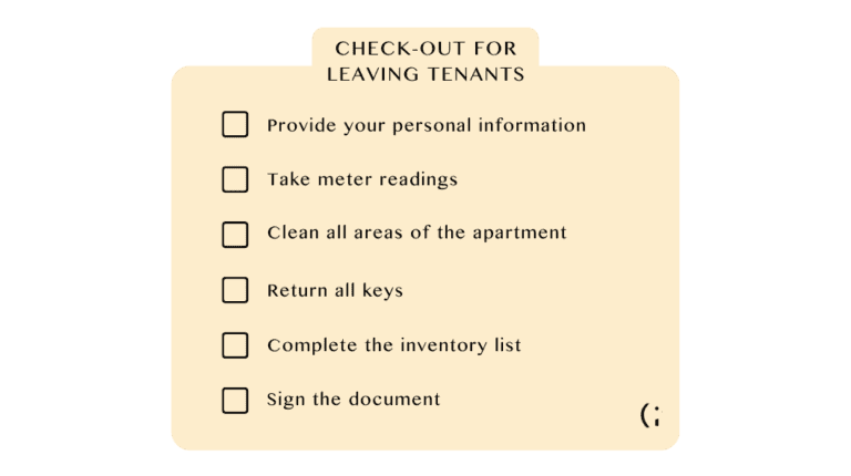 A checklist for tenants moving out, including meter readings, cleaning, key return, and signing documents.