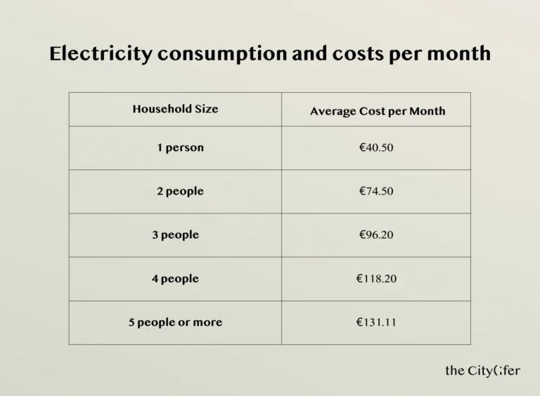 Table displaying average electricity costs in the Netherlands per household size, from one to five or more people