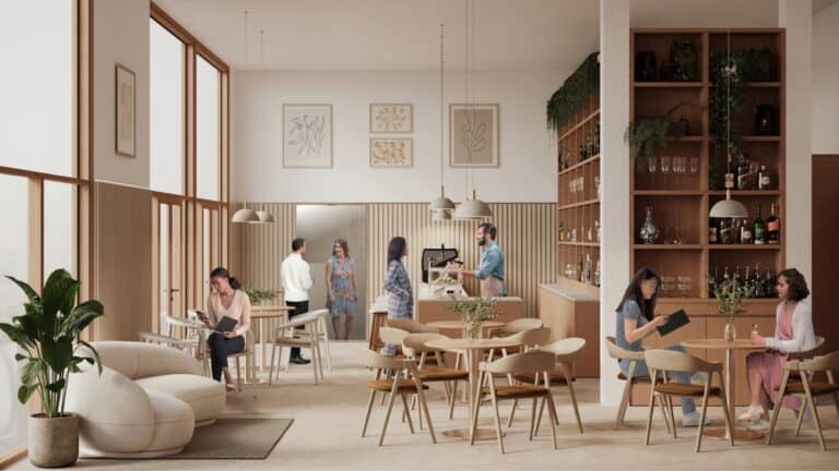 Render of a bright, minimalist restaurant interior with wooden furniture, light decor, and soft natural tones designed by Cutwork for The Citylifer.