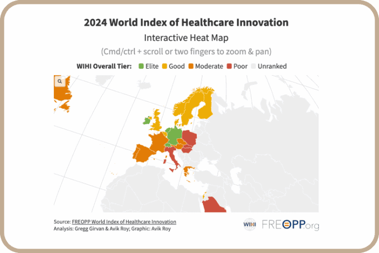 Heat map of Europe showing healthcare innovation rankings by country in 2024