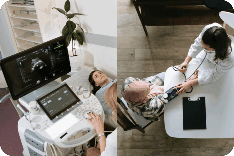 Split image showing an ultrasound scan and a doctor checking a patient's blood pressure