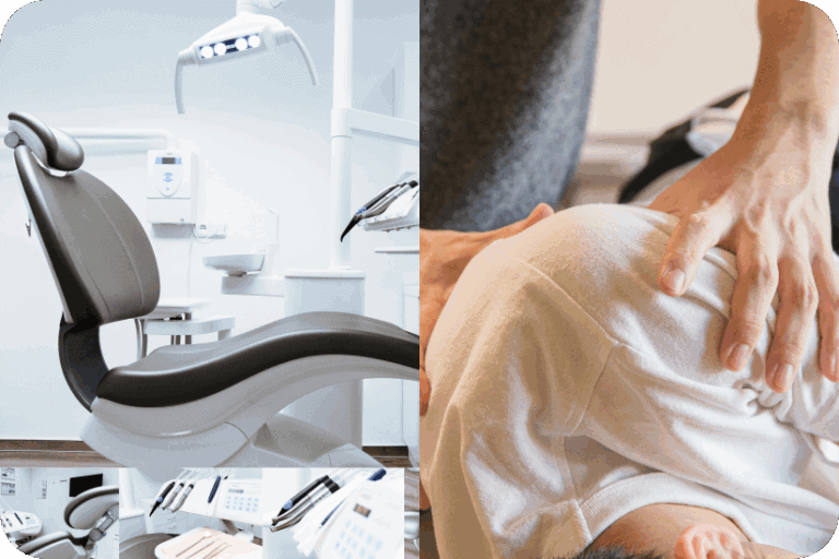 Split image of a dental office and a physiotherapist assisting a patient