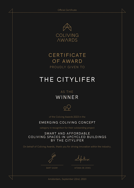 Coliving Awards Winner Certificate 2023
